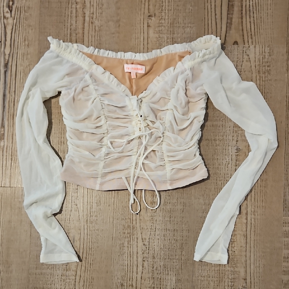 Re:Named Cream Ruched Fairy Off-Shoulder Cropped  Top